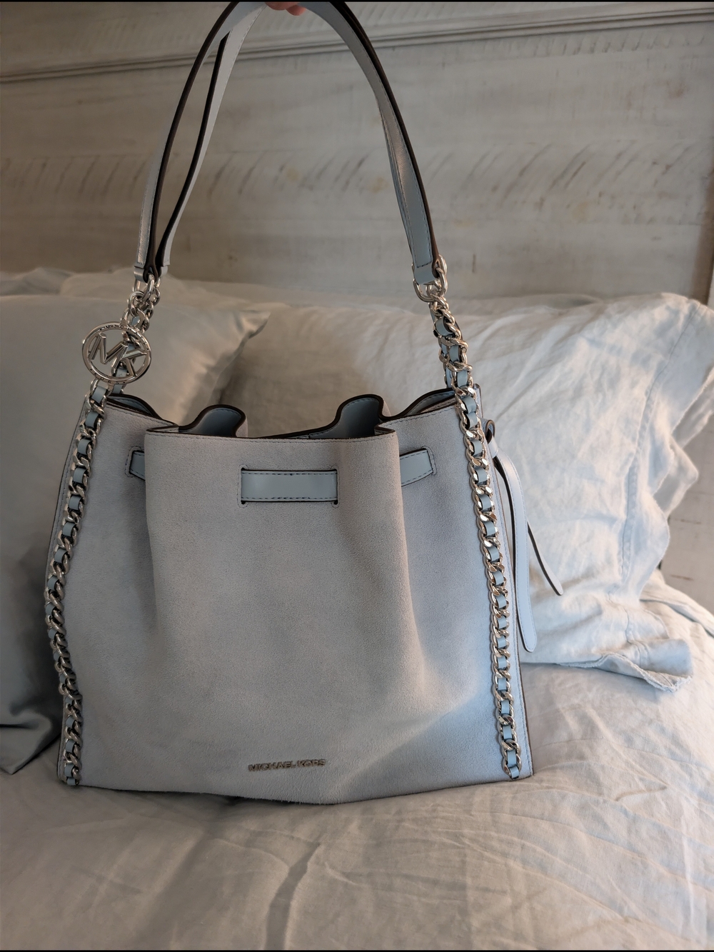 ​Michael Kors Mina Large Suede Chain Shoulder Bag Cornflower Blue Silver MK